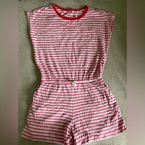 Primary romper, red and white stripe with pocket.